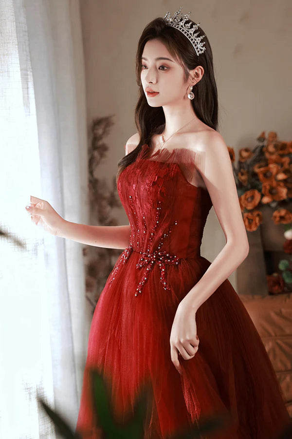 Burgundy Tulle Long Prom Dress with Lace A-Line Strapless Evening Dress