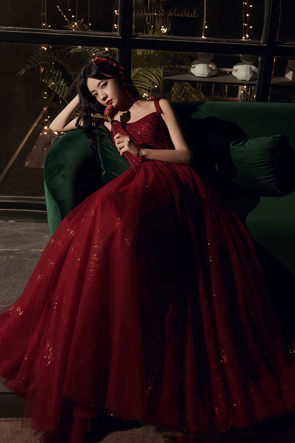 Burgundy Tulle Sequins Long Prom Dress Spaghetti Straps Evening Party Dress