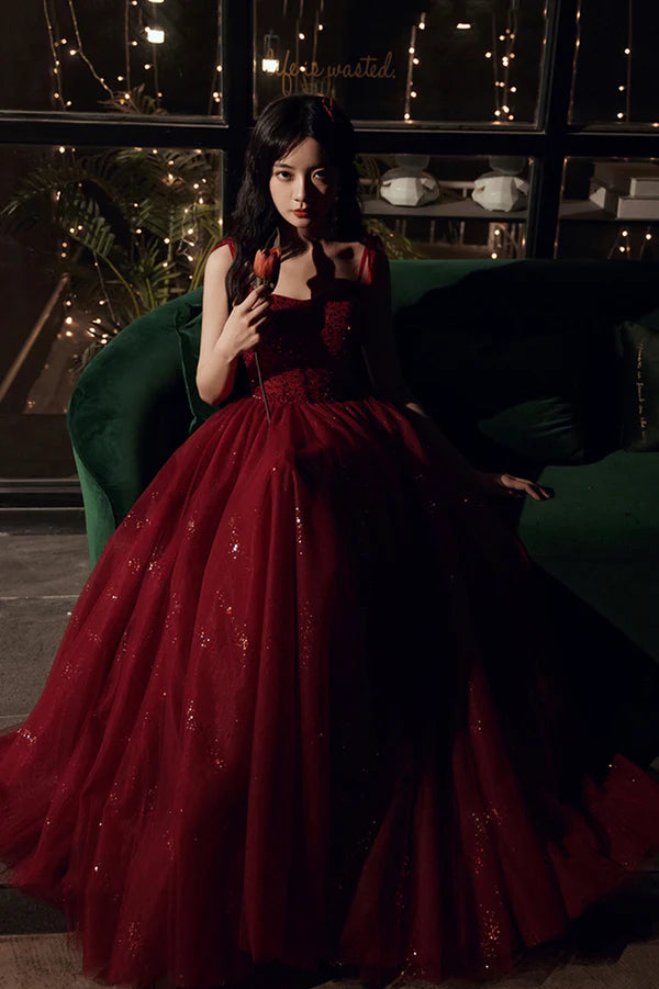 Burgundy Tulle Sequins Long Prom Dress Spaghetti Straps Evening Party Dress