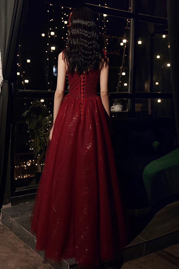 Burgundy Tulle Sequins Long Prom Dress Spaghetti Straps Evening Party Dress