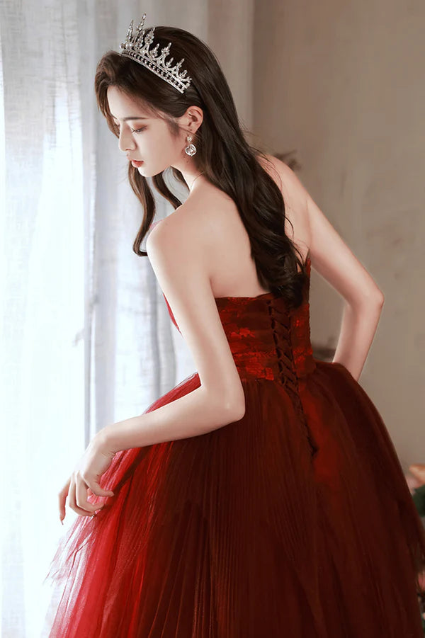 Burgundy Tulle Long Prom Dress with Lace A-Line Strapless Evening Dress