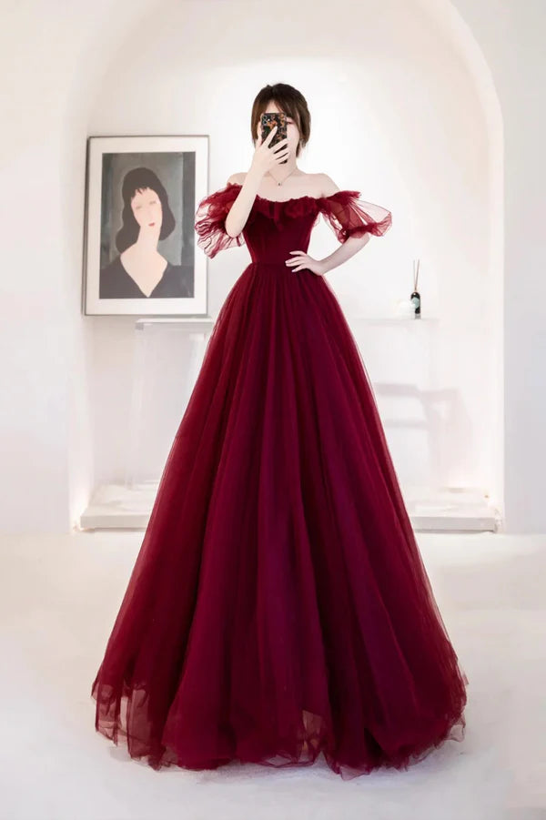 Burgundy Tulle Long Evening Dress Cute A-Line Off the Shoulder Graduation Dress