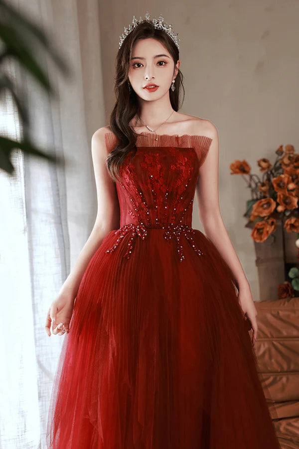 Burgundy Tulle Long Prom Dress with Lace A-Line Strapless Evening Dress