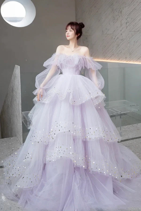 Purple Tulle Layers Long A-Line Prom Dress Cute Long Sleeve Evening Gown