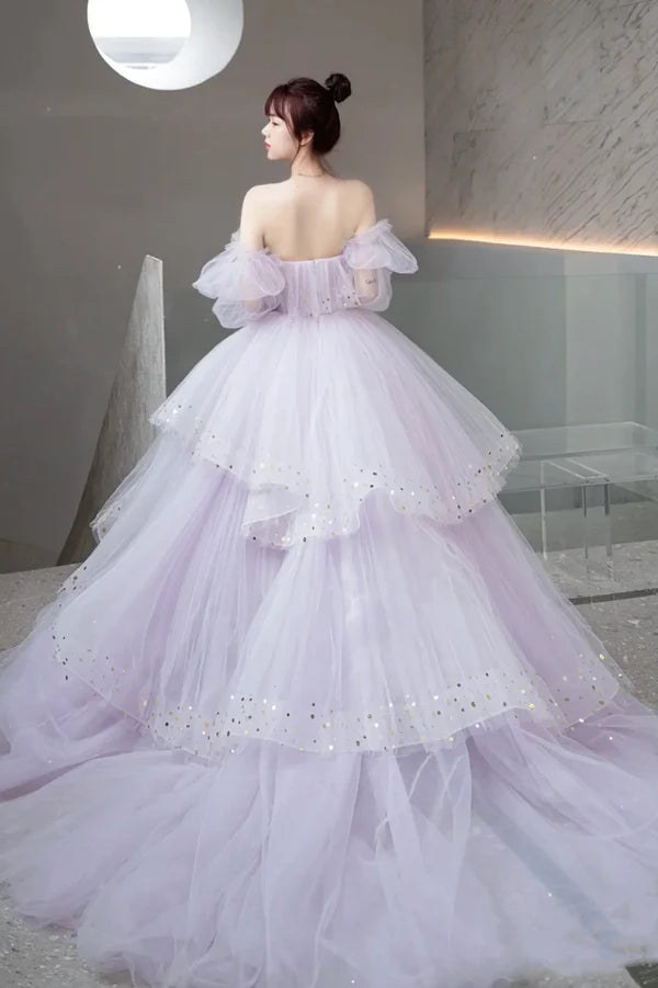 Purple Tulle Layers Long A-Line Prom Dress Cute Long Sleeve Evening Gown