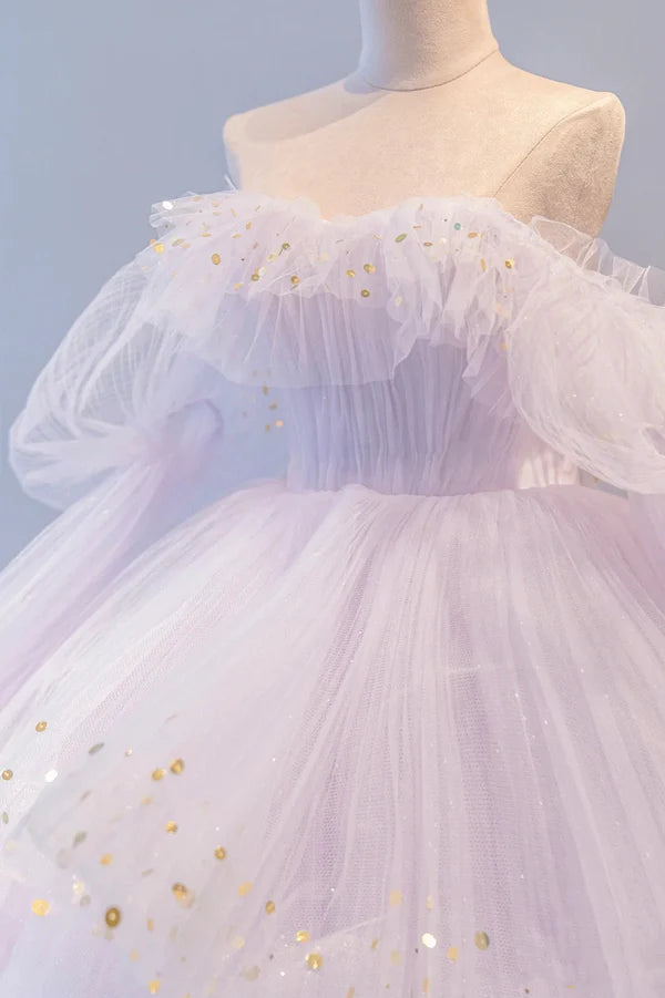 Purple Tulle Layers Long A-Line Prom Dress Cute Long Sleeve Evening Gown