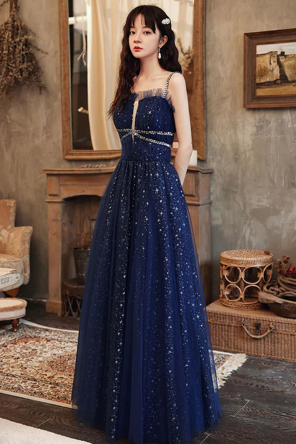 Blue Spaghetti Strap Tulle Prom Dress A-Line Evening Graduation Dress