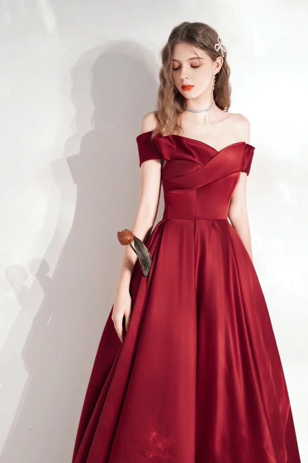 Burgundy Satin Long A-Line Prom Dress Cute Off the Shoulder Evening Dress