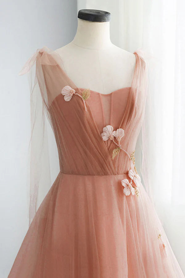 Pink Tulle Long A-Line Prom Dress Cute Graduation Dress