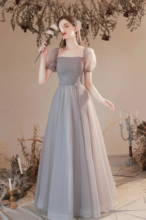Gray Tulle Beaded Long Prom Dress Lovely Short Sleeve Evening Graduation Dress