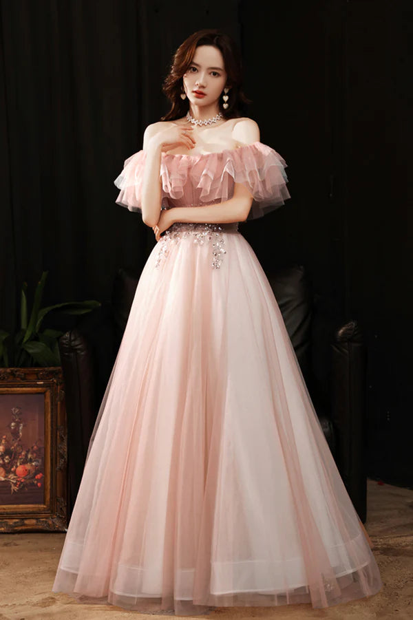 Pink Tulle Off the Shoulder Prom Dress Lovely A-Line Graduation Dress
