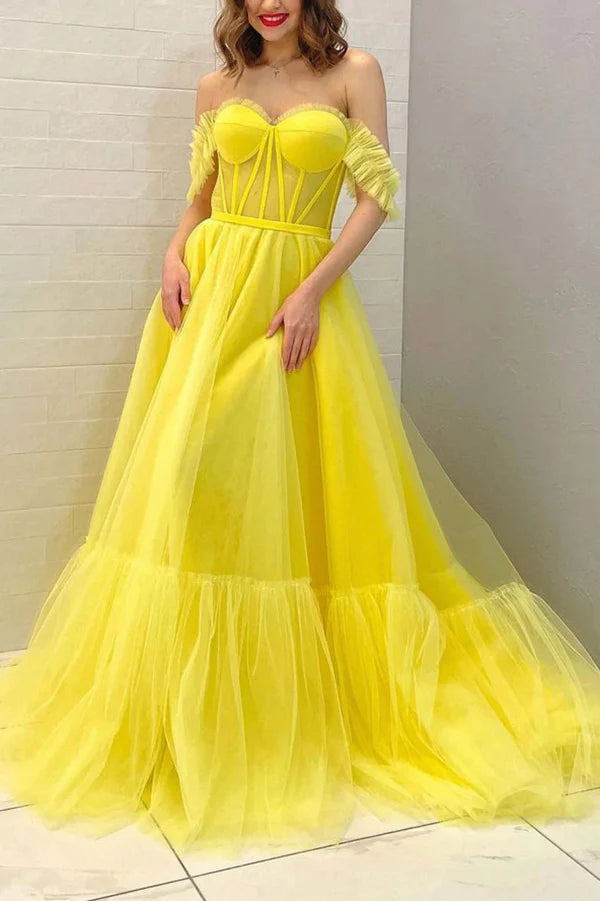 Yellow Tulle Long A-Line Prom Dress Off the Shoulder Evening Party Dress