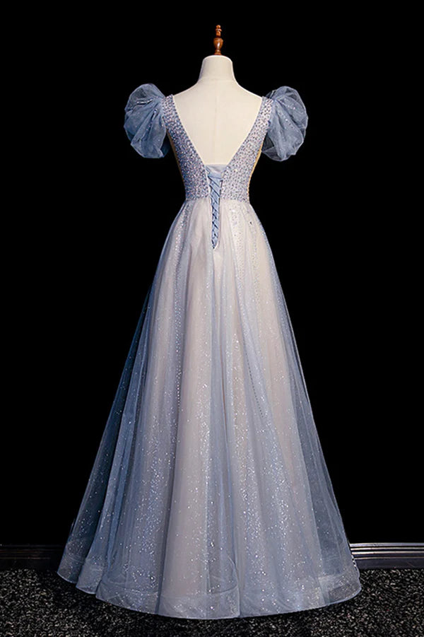 Blue V-Neck Tulle Long Prom Dress with Beaded Elegant A-Line Formal Evening Dress