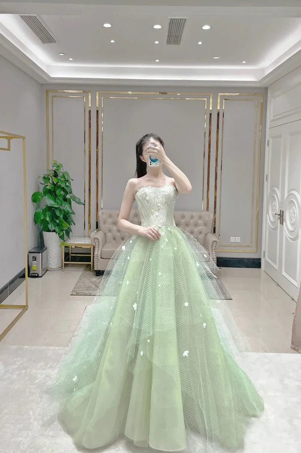 Green Tulle Long A-Line Prom Dress Green Strapless Evening Graduation Dress