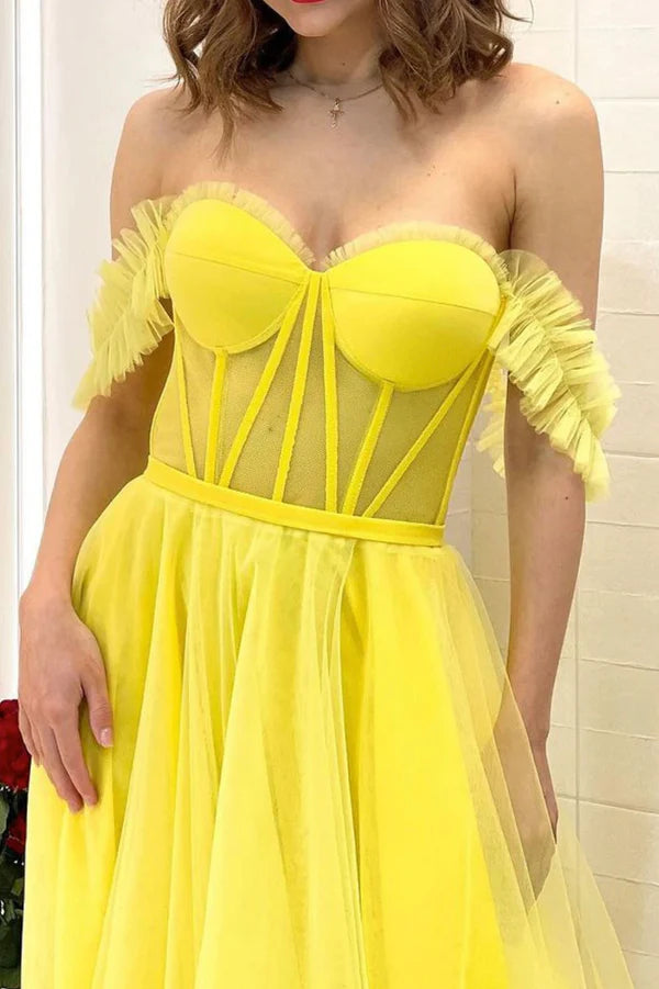 Yellow Tulle Long A-Line Prom Dress Off the Shoulder Evening Party Dress