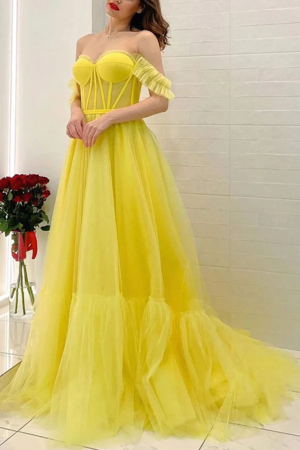 Yellow Tulle Long A-Line Prom Dress Off the Shoulder Evening Party Dress