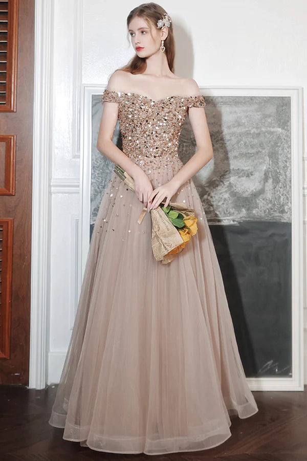 A-Line Tulle Long Prom Dress with Sequins Lovely Off the Shoulder Evening Dress