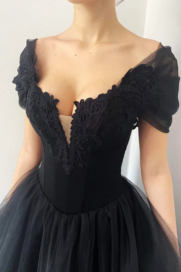 Black V-Neck Lace Long Prom Dress Black A-Line Evening Party Dress