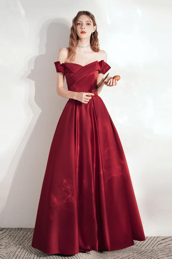 Burgundy Satin Long A-Line Prom Dress Cute Off the Shoulder Evening Dress