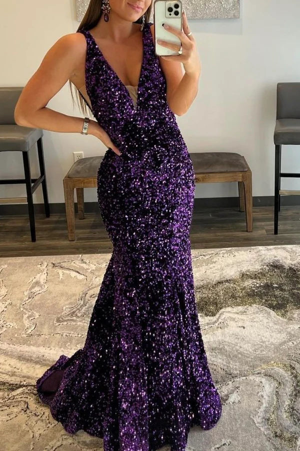 Purple Sequins Long Mermaid Prom Dress Shiny V-Neck Evening Dress