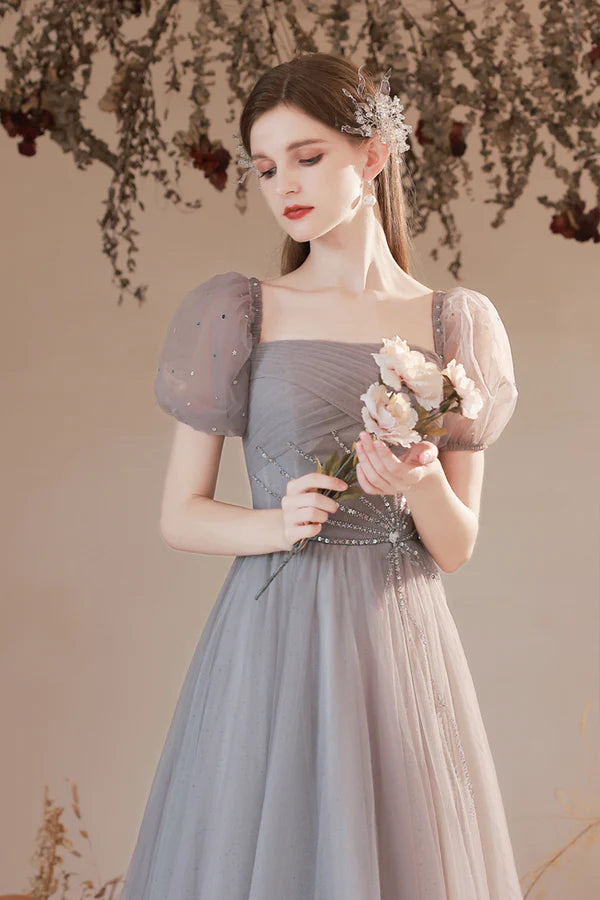 Gray Tulle Beaded Long Prom Dress Lovely Short Sleeve Evening Graduation Dress