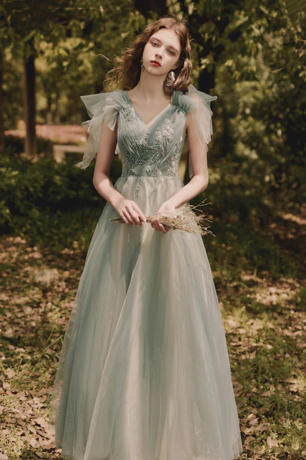 Green V-Neck Tulle Long Prom Dress A-Line Evening Party Dress