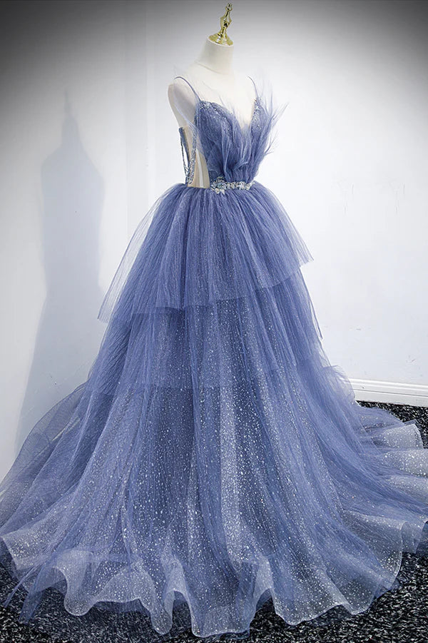 Blue Tulle Layers Long Prom Dress A-Line Spaghetti Strap Party Dress