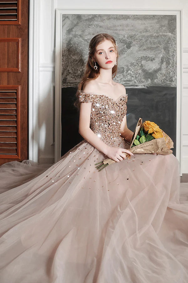 A-Line Tulle Long Prom Dress with Sequins Lovely Off the Shoulder Evening Dress
