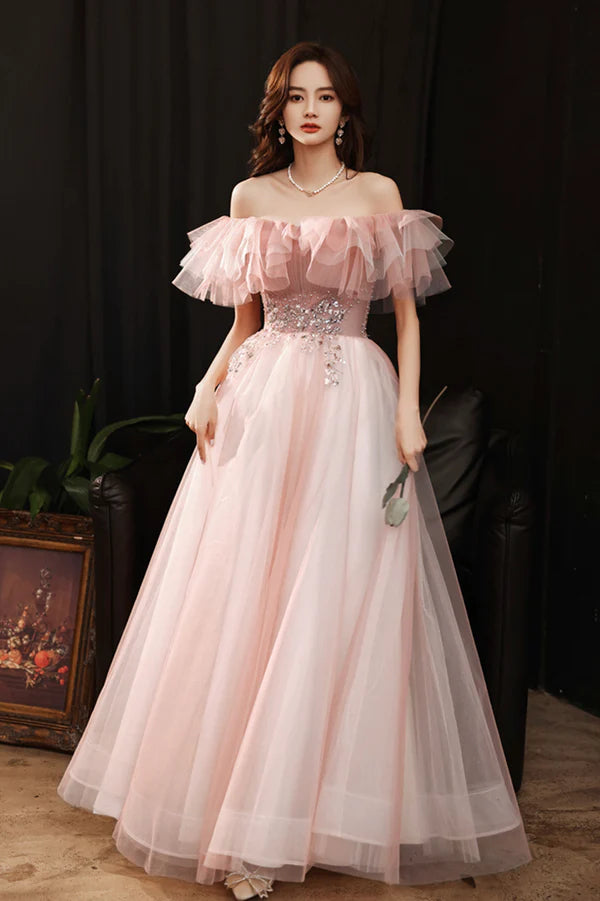 Pink Tulle Off the Shoulder Prom Dress Lovely A-Line Graduation Dress