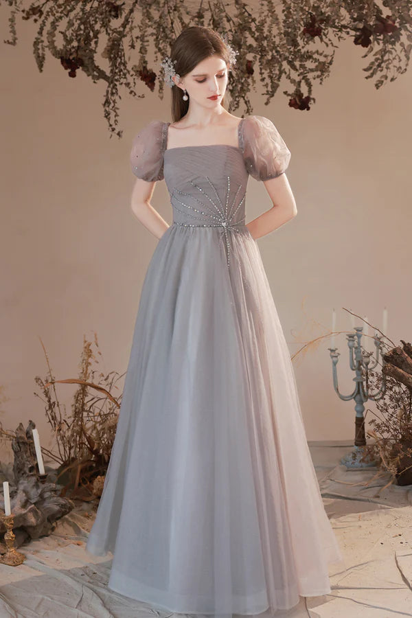 Gray Tulle Beaded Long Prom Dress Lovely Short Sleeve Evening Graduation Dress