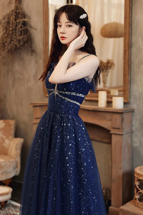 Blue Spaghetti Strap Tulle Prom Dress A-Line Evening Graduation Dress
