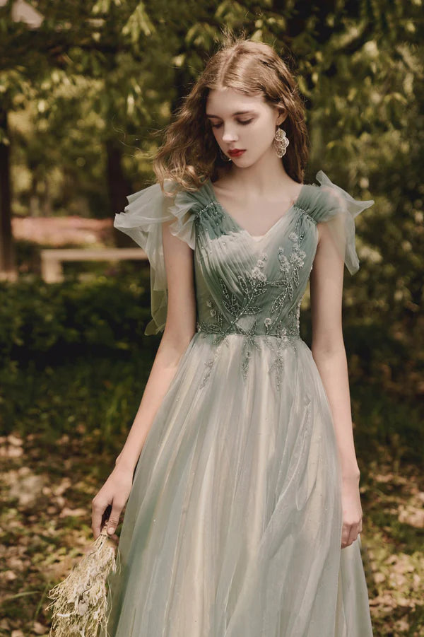 Green V-Neck Tulle Long Prom Dress A-Line Evening Party Dress