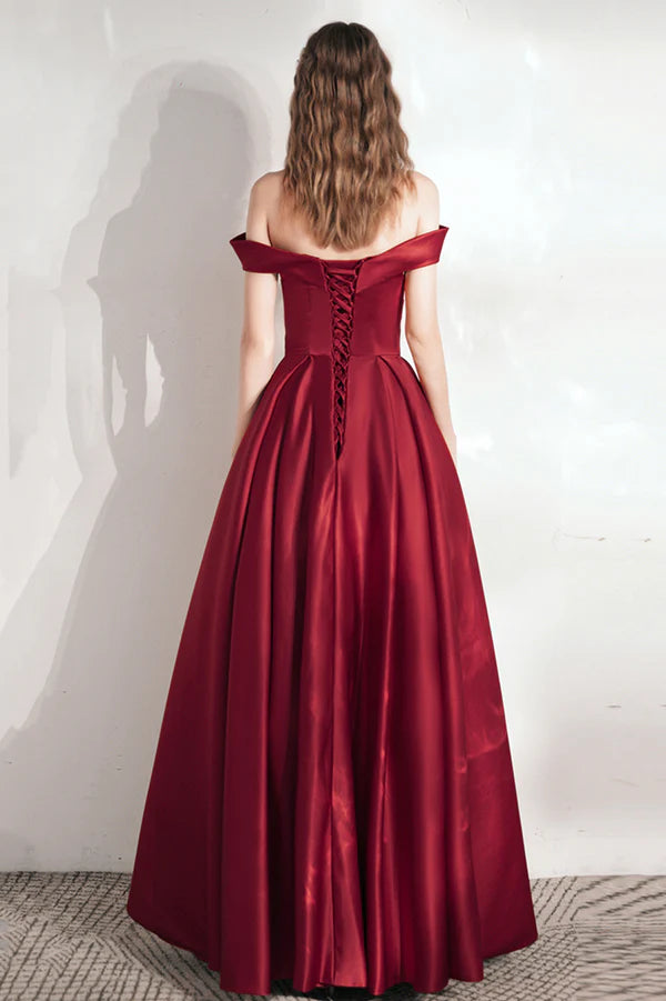 Burgundy Satin Long A-Line Prom Dress Cute Off the Shoulder Evening Dress