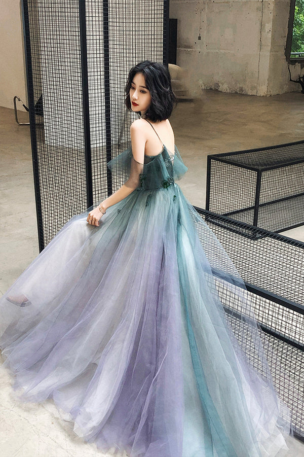 Stylish V-Neck Gradient Tulle Long Prom Dress A-Line Backless Evening Party Dress