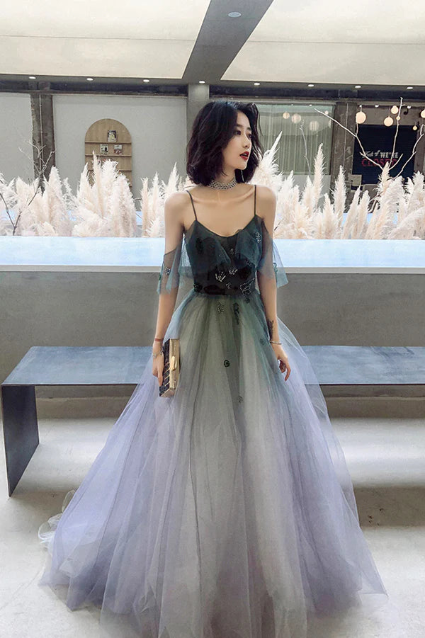 Stylish V-Neck Gradient Tulle Long Prom Dress A-Line Backless Evening Party Dress