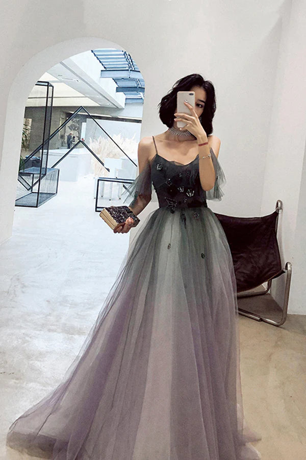 Stylish V-Neck Gradient Tulle Long Prom Dress A-Line Backless Evening Party Dress