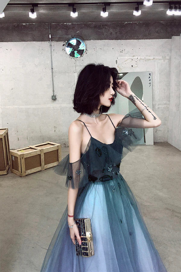 Stylish V-Neck Gradient Tulle Long Prom Dress A-Line Backless Evening Party Dress