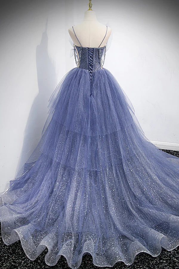 Blue Tulle Layers Long Prom Dress A-Line Spaghetti Strap Party Dress