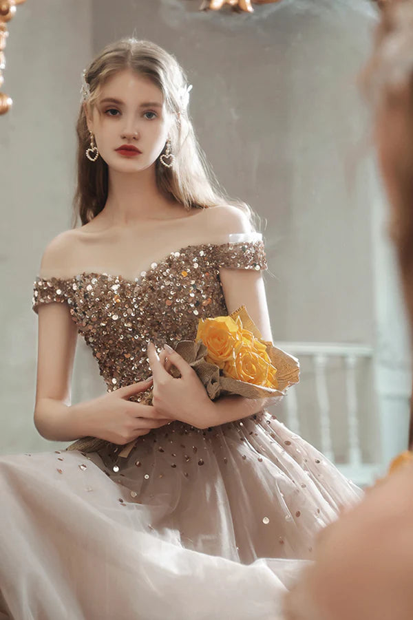 A-Line Tulle Long Prom Dress with Sequins Lovely Off the Shoulder Evening Dress
