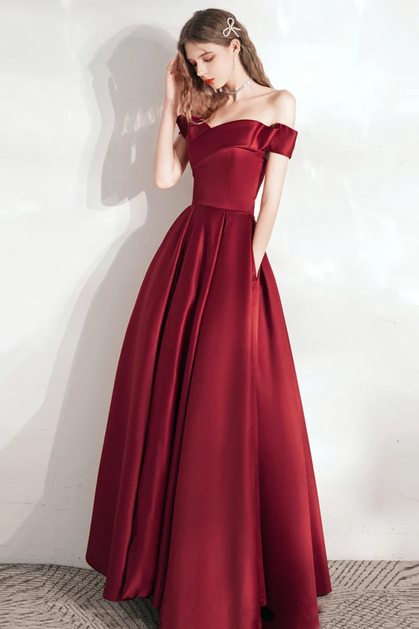 Burgundy Satin Long A-Line Prom Dress Cute Off the Shoulder Evening Dress