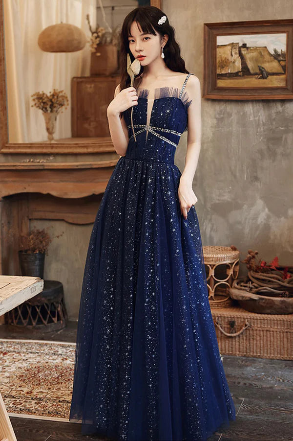 Blue Spaghetti Strap Tulle Prom Dress A-Line Evening Graduation Dress