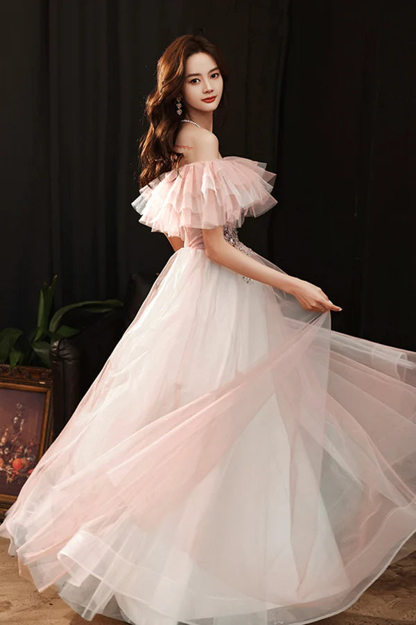 Pink Tulle Off the Shoulder Prom Dress Lovely A-Line Graduation Dress