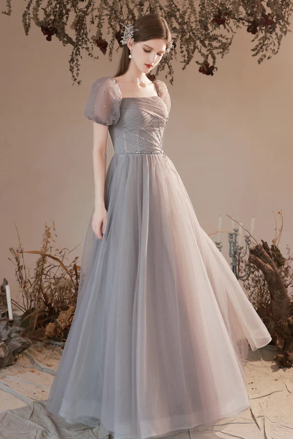 Gray Tulle Beaded Long Prom Dress Lovely Short Sleeve Evening Graduation Dress