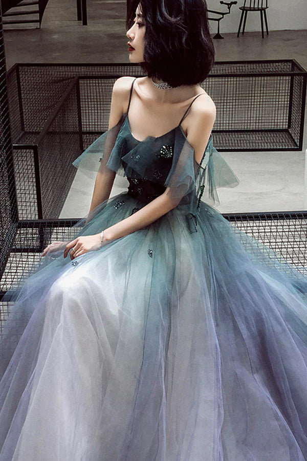 Stylish V-Neck Gradient Tulle Long Prom Dress A-Line Backless Evening Party Dress