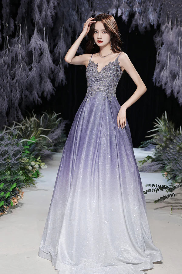 Purple V-Neck Lace Long Prom Dress Purple Gradient Party Dress with