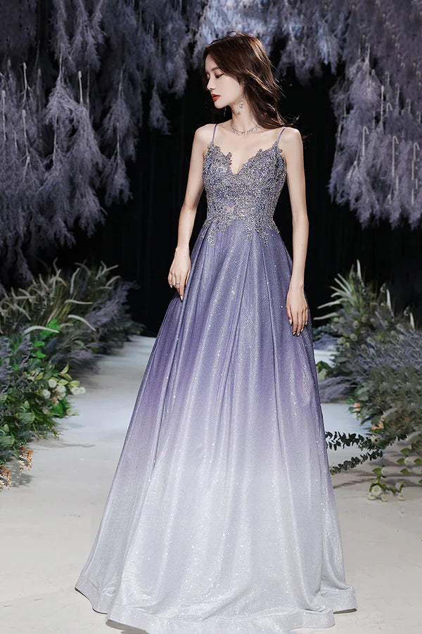 Purple V-Neck Lace Long Prom Dress Purple Gradient Party Dress with