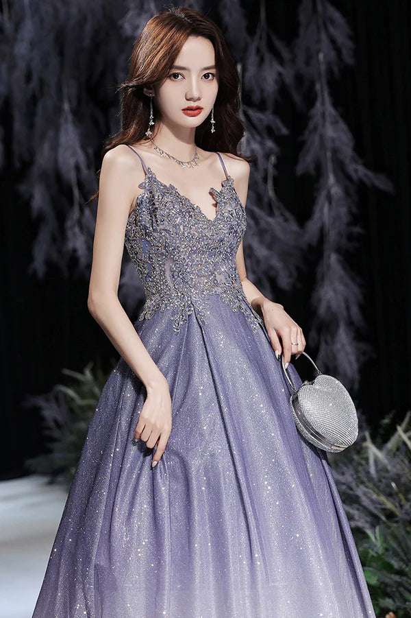 Purple V-Neck Lace Long Prom Dress Purple Gradient Party Dress with