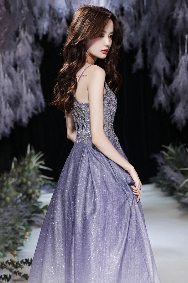 Purple V-Neck Lace Long Prom Dress Purple Gradient Party Dress with