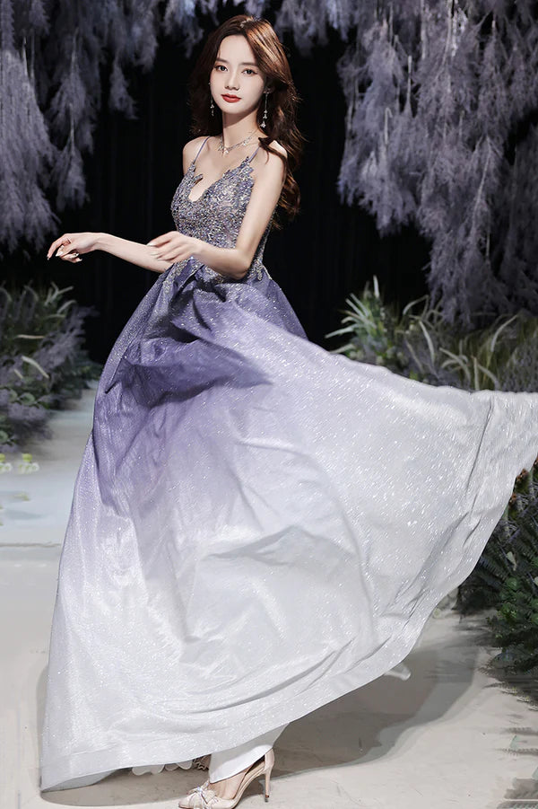 Purple V-Neck Lace Long Prom Dress Purple Gradient Party Dress with