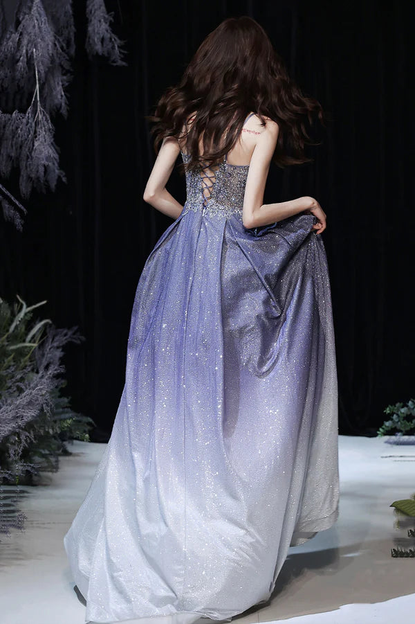 Purple V-Neck Lace Long Prom Dress Purple Gradient Party Dress with